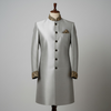 Metallic Silver Silk Achkan for Men – Elegant Zari Work Wedding Outfit