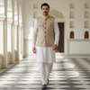Beige Designer Hunting Jacket for Men – Classic Ethnic Style with Elegant Thread Detailing