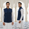 Navy Blue Designer Hunting Jacket for Men – Classic Ethnic Style with Contrast Stitch Detailing