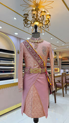 Elegant Peach Pink Sherwani with Golden Embroidery & Royal Belt | Designer Groom Outfit